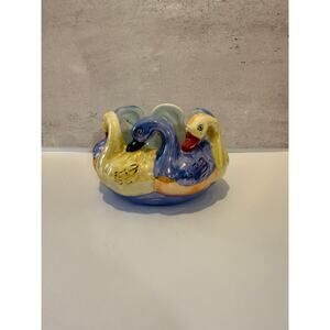 Vintage Japanese Lusterware Swan Circle Bowl Hand Painted Porcelain Cherry Mark